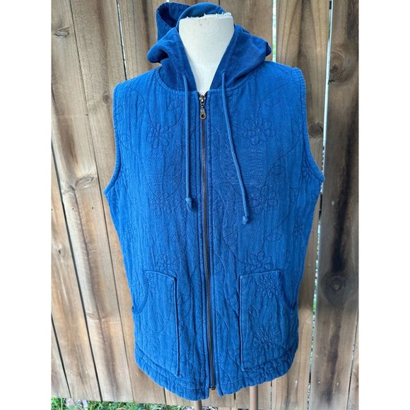 FOCUS USA Flower QUILTED Blue GAUZE Corduroy HOODED VEST L - Picture 1 of 7